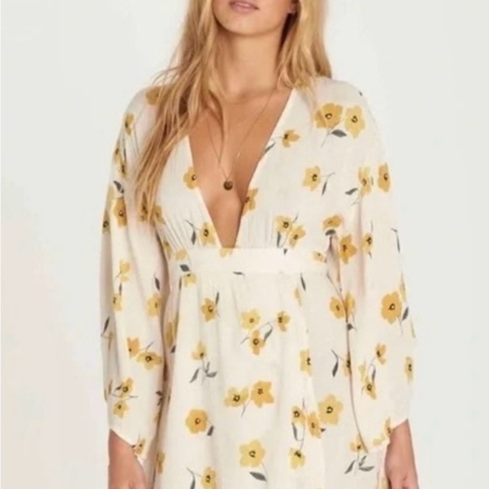 Billabong Floral V-Neck Dress in White and Yellow